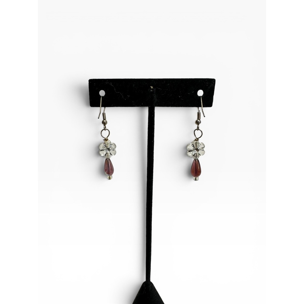 Glass Flower Drop Earrings Purple Iridescent Silver‎ Tone Floral - Picture 4 of 7